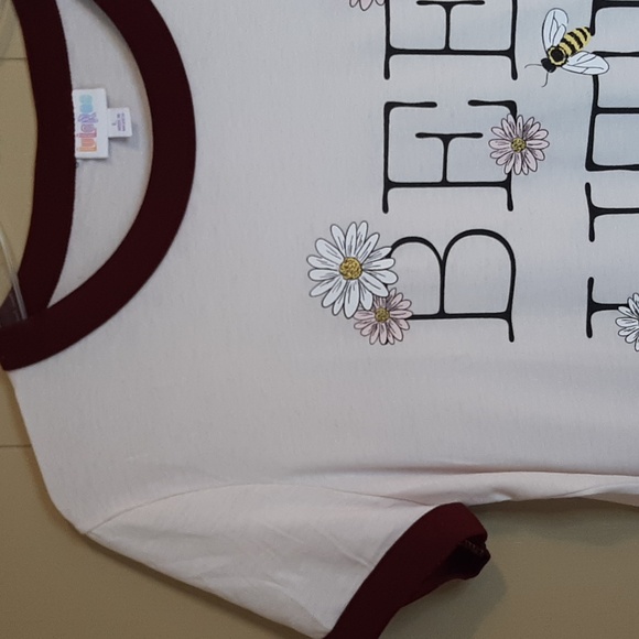 LaRoe Cream Tee Shirt Size L with Maroon Trim and Floral Accent, Honey Bees - Picture 3 of 11